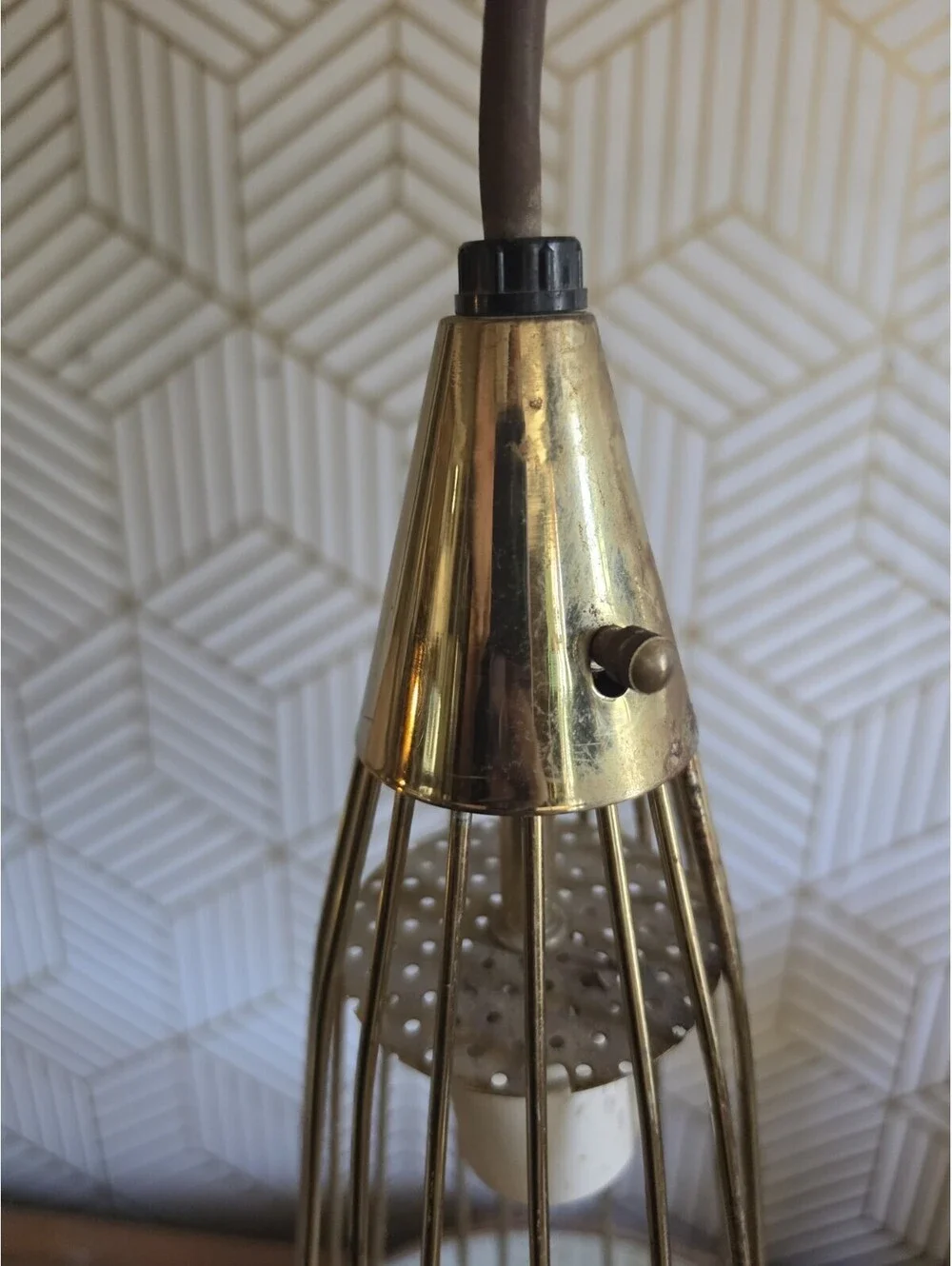 Vintage Midcentury Atomic Conical Wire Gold Cage Pendant Light Hanging Swag 50's